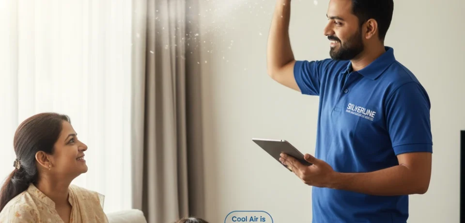 AC technician repairing unit SILVERLINE service